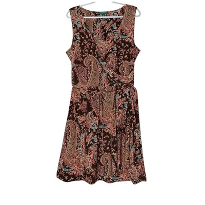Ralph Lauren LRL Paisley Faux Wrap Dress 2X Brown Stretchy Classic Career Preppy - Image 1 of 4