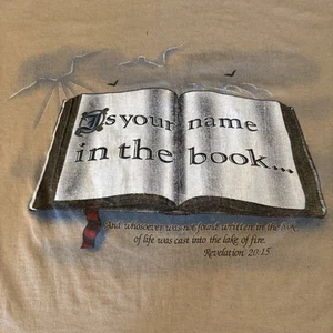 Vintage 90s Is Your Name In The Book Jesus Tee T-Shirt Beige Herren Größe Large - Bild 1 von 9