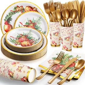200 Pcs Christmas Dinnerware Set Disposable Christmas Paper Plates and Napkin... - Picture 1 of 7