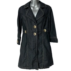 Vintage Baccini Trench Coat Dark Blue Wash Denim Jacket Women's Size Small - Picture 1 of 10