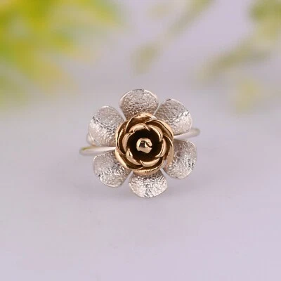 Flower Design Gold And Silver Ring Without Gemstone Flower Stackable Ring - Image 1 of 4