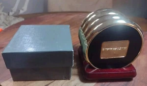 Vintage Brass Leather Drink Coasters Wood Stand Set Of 4 Round New in Box #62/1 - Picture 1 of 5