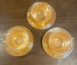 3 Vintage Fire King Peach Luster Teacups and Saucers Orange Fire-King Oven Ware - Picture 1 of 8