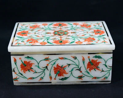 Marble Jewelry Box Semi Precious Stones floral inlay handmade decor - Image 1 of 2