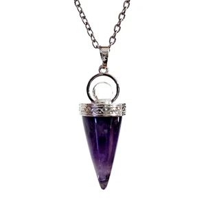 Amethyst Cone Pendant Quartz Ball Necklace 18" Chain Gemstone Jewellery & Boxed - Picture 1 of 10