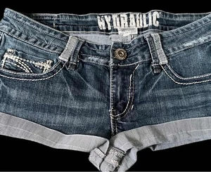 Hydraulic Women's Jean Shorts Size 13/14 Blue Denim Cuffed Low Rise Thick Stitch - Picture 1 of 2