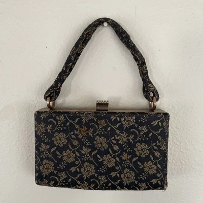 Vtg Metal Box Purse/Clutch Handbag Black Gold Floral Tapestry Lined Retro Glam - Image 1 of 4