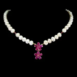 925 Sterling Silver Necklace Oval Ruby 7x5mm Pearl Natural Gemstone Jewelry 18in - Picture 1 of 14