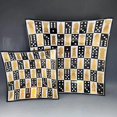 Rare Cera Glass Square Trays Set 2 24K Gold Games Chess Dominoes Smoky VTG MCM - Image 1 of 4