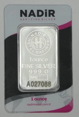 Barra de plata Nadir Metal Rafineri .999 1 oz ~ sellada en tarjeta de ensayo Foto 1 de 4