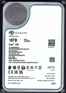 18TB Seagate Exos X20 ST1800NM003D SATA 6Gb/s 7200 3.5" Hard Drive Recertified - Afbeelding 1 van 2
