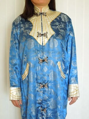 "Chinese Kimono Robe" vtg. Hand Embroidered Imperial Blue Silk - Image 1 of 4