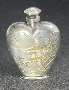 Vintage Japanese Sterling Silver Gold Gilt Etched Heart Shaped Perfume Bottle - Picture 1 of 10