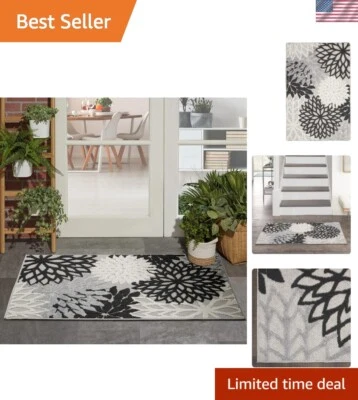 Alfombra interior/exterior negra blanca 2'8" x 4', tropical, botánica, fácil limpieza... Foto 1 de 4