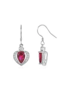 Heart Ruby & Lab Grown CVD Diamond Dangle Earrings 925 Sterling Silver - Picture 1 of 4