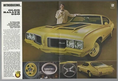 1970 OLDSMOBILE RALLYE 350 2-page advertisement, yellow 2-door, print ad - Image 1 of 3