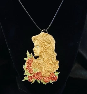 Art Nouveau Style Golden Goddess & Roses Necklace Artist Signed Handmade 17" - Picture 1 of 3