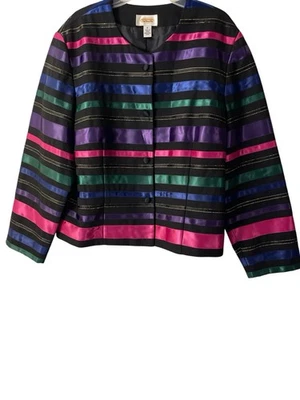 Talbots Jacket Women 16 Black Rainbow Satin Ribbon Stripe Lined Whimsical Dressy - Image 1 of 4