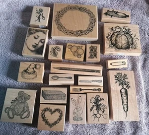 Wood Ink Stamp Lot of 20 Rubber Stamps & 10 Ink Pads - Picture 1 of 16