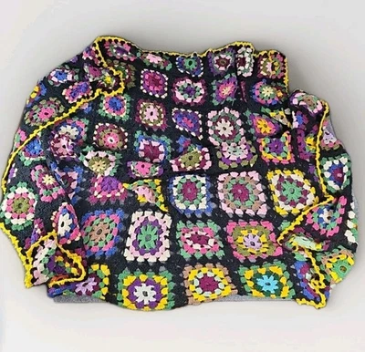 Manta afgana cuadrada abuela vintage vibrante negra hecha a mano ganchillo grande 64x54 Foto 1 de 4