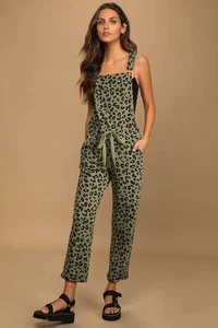 LULUS Always On Point Green Leopard Print Drawstring Cuffed Overalls Size XL - Picture 1 of 8