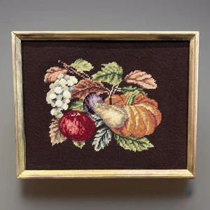 Vintage Framed Needlepoint Artwork The Still Life Of Fruit 15”x12”x1.5” - Picture 1 of 2