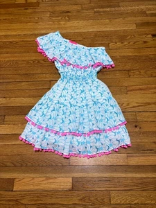 Lilly Pulitzer Womens Dres Size XS Blue Pink One Shoulder Pom Pom Cotton Preppy - Picture 1 of 7