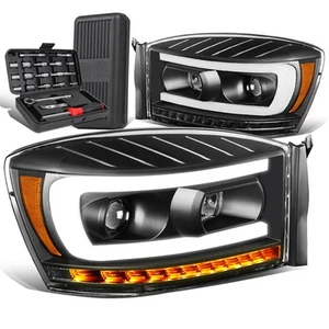 For 2006-2009 Dodge Ram LED Sequential Black Amber Projector Headlight+Tool Box - Picture 1 of 11