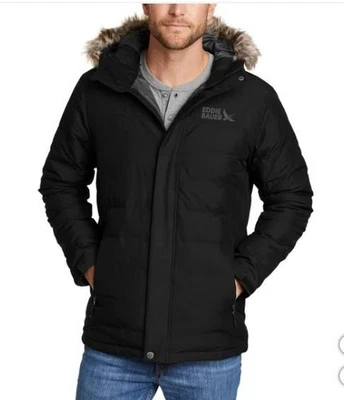 Eddie Bauer Mens Parka Black Down Insulated Full-Zip Hood Pockets Faux Fur - Image 1 of 4