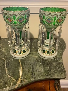 Antique Czech MOSER Crystal Emerald Mantle Luster crystal prism Candle holders - Picture 1 of 12
