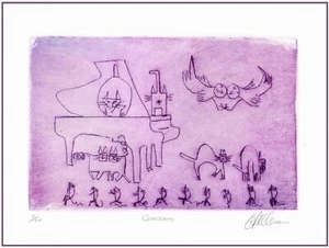 CATS Birds & Mice; CONCERTO PIANO MUSIC. Original EXPRESSIONIST ETCHING signed - Picture 1 of 1