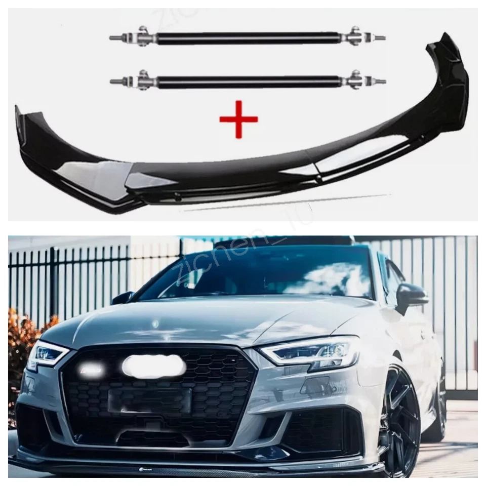 For Audi A4 S4 A5 Gloss Black Front Bumper Lip Splitter Spoiler Kit + Strut Rods Foto 1 de 4
