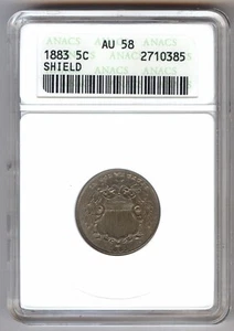 1883 5C Shield Nickel + AU 58 + ANACS - Picture 1 of 4