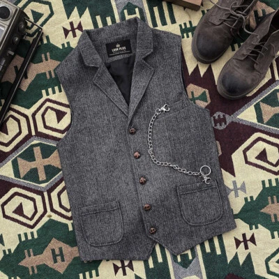 Мужской жилет из шерстяной смеси с плоским воротником в елочку жилет тонкий официальный костюм жилет - Изображение 1 из 4