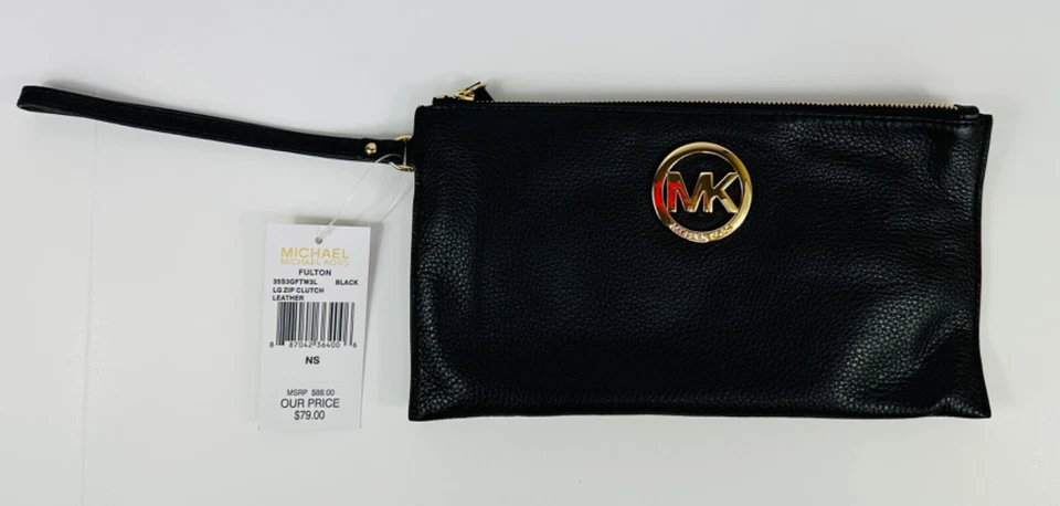 Michael Kors Fulton Large Zip Clutch Wallet Soft Black Pebble Leather NWT - Image 1 of 3