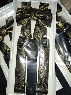 Alizeal Boys Adjustable Black  & Gold Paisley Pre-tied Bow Tie & Suspenders - Image 1 of 2