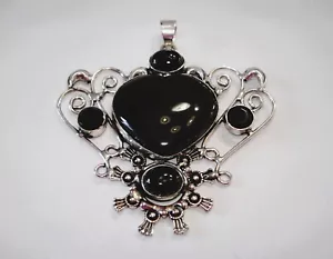 AB einzigartiger großer schwarzer Onyx offenes Herz .925 Silber Platte Anhänger 3" - Bild 1 von 4