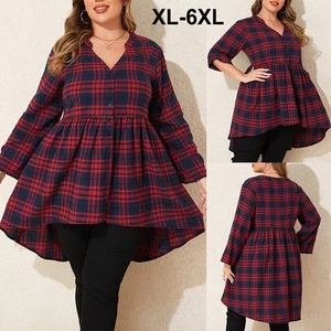 Womens Plus Size Plaid Check V Neck Tops Long Sleeve Ruffle Blouse T-Shirt UK - Picture 1 of 15