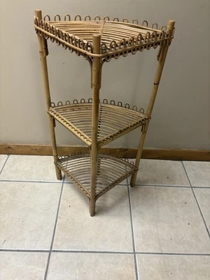 Bamboo Rattan Corner Shelf 3 Tiered 1960's Italy Franco Albini MCM 36” Tall - Изображение 1 из 4