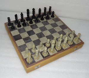 Juego de ajedrez de mármol de 16" hecho a mano ébano gorara piezas de piedra caja de madera - Imagen 1 de 7