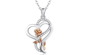 925 Sterling Silver Heart Rose Flower Pendant Necklace 18" Adjustable - Gift - Picture 1 of 4