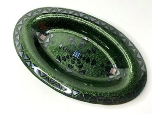 Vintage Fused Glass Dichroic Glitter Platter Oval Dish Bowl Green Geometric Art - Picture 1 of 12