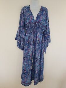 Maxi Dress Blue SILK Paisley Retro Vintage Long Indian Floaty Boho Kimono Sleeve