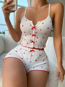 Pigiama donna set pigiama stampa cuore morbido tessuto a costine con top civettuolo - Foto 1 di 28