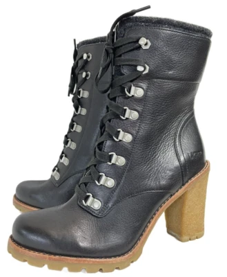 Botas Ugg Altas de Cuero Negras Talla 8 Tacón Bloque Zapatos de Combate Forro de Lana Gris Foto 1 de 4