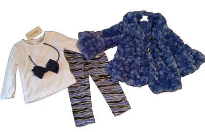 *❤NEW❤ 4 PIECE PANTS OUTFIT SET❤ 18M ❤BLUE FUR JACKET❤LEGGINGS❤TOP❤ BOW HEADBAND - Image 1 of 4