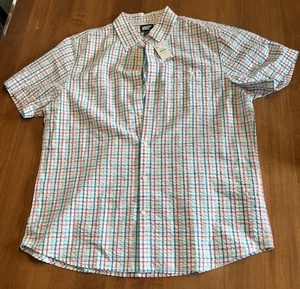 NWT LANDS' END SEERSUCKER SHIRT~PINK & AQUA GINGHAM~MEN'S LARGE - Picture 1 of 3