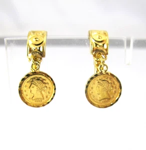 18K 750 Yellow Gold Miniature Gold Coin Hinged Hoop Dangle Earrings 4.06 Grams - Picture 1 of 10