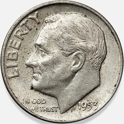 1953 年 D 版罗斯福 10c 美分 90% 银 Unc AU+ * 原版表面 * 1953D #6 — 第 1/2 张图片