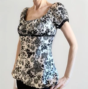 Y2K Floral Top Ladies Silky Puff Sleeve Blouse Black White Studio Y Size S - Picture 1 of 8